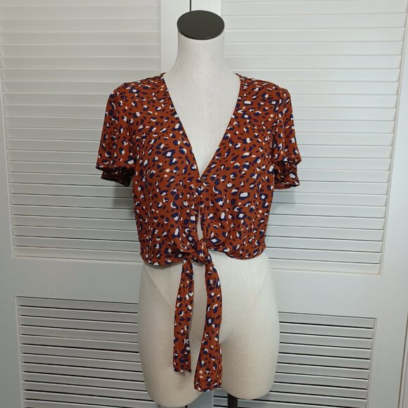 Beecool Tie Front Top Animal Print Cropped Womens Large - Picture 6 of 12